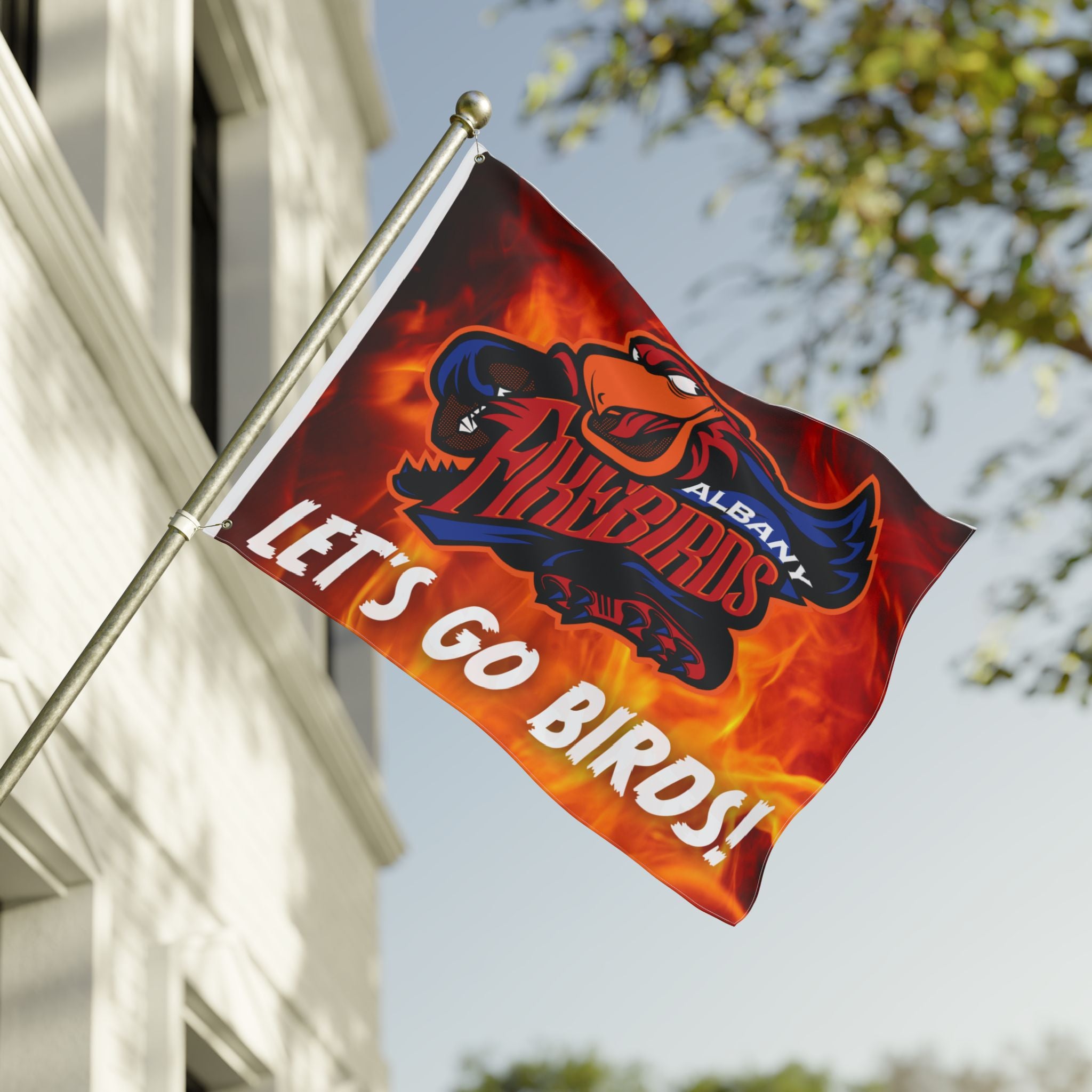 Albany Firebirds "Let's Go Birds!" Double-Sided Team Flag — Game Day Decor